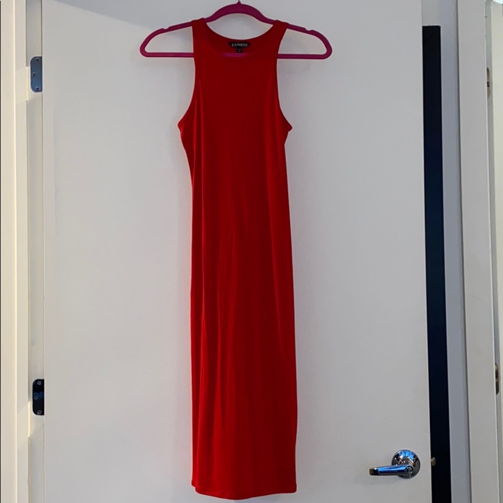 Red cotton fitted racer back midi dress